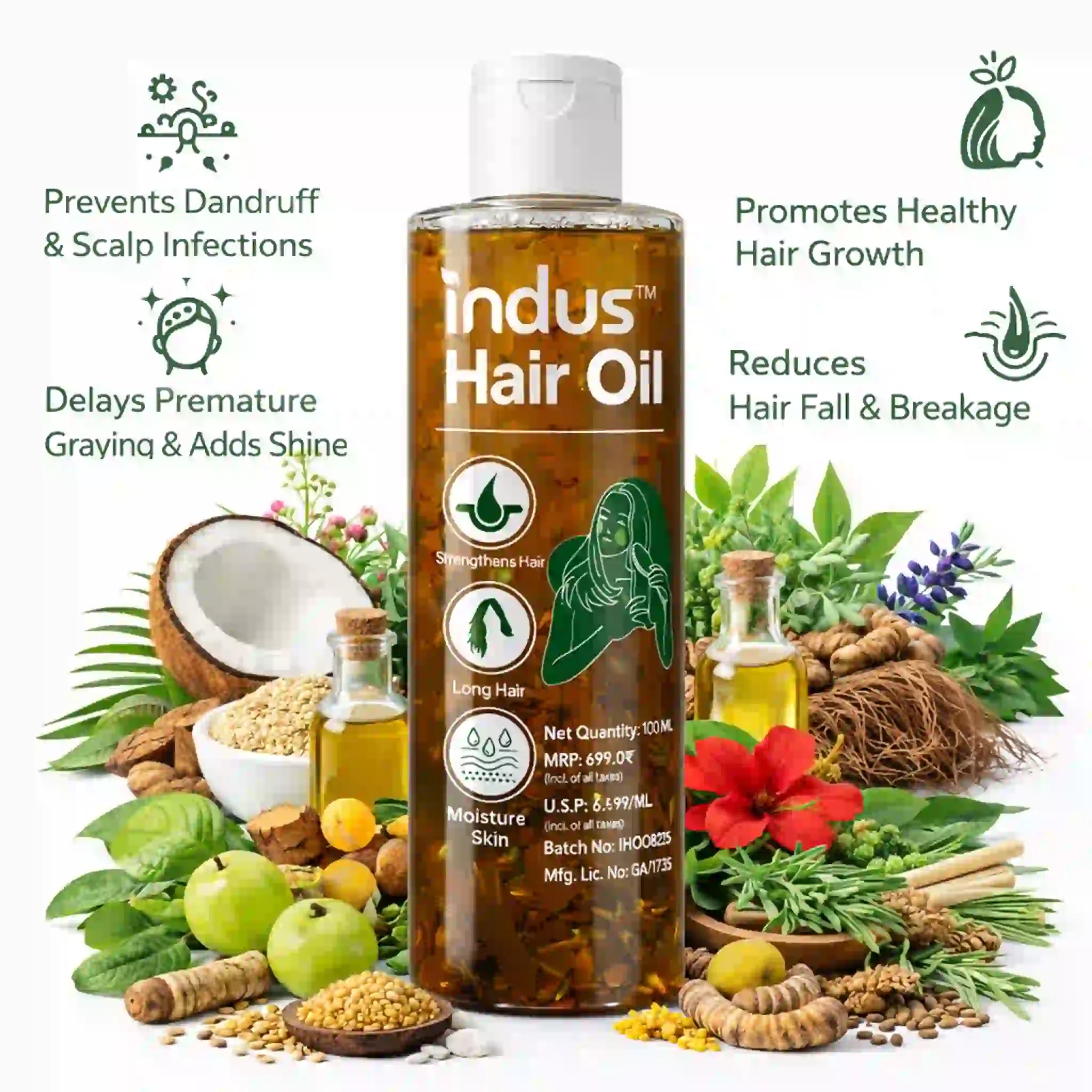 Indus Hair Care Herbal Hair Oil 100 ML | Promotes Healthy Hair Growth, Reduces Hair Fall & Adds Shine | Ayurvedic Formula